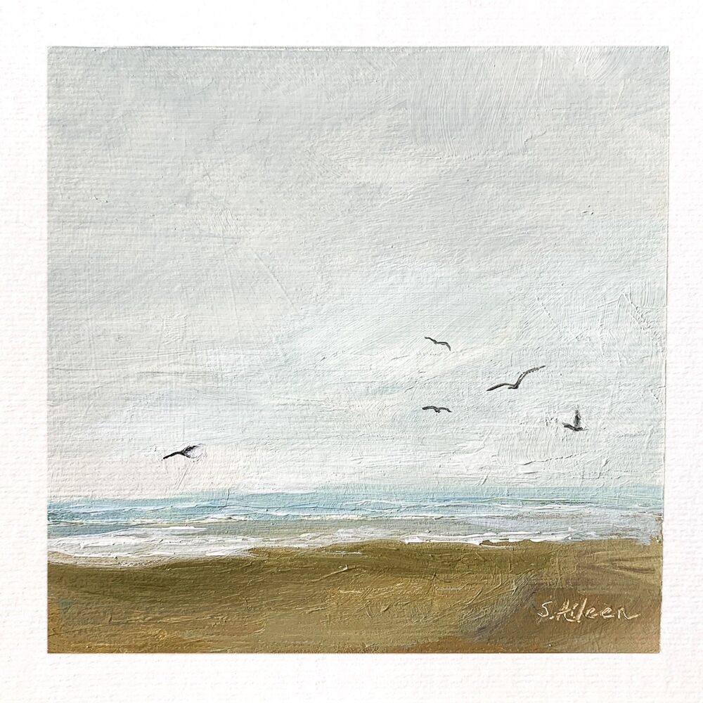 6x6 Original Oil Painting Seascape Birds Ocean Waves Coastal Art Moody Signed